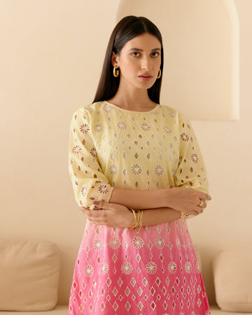 SCHIFFLI YELLOW RANI MATINEE DRESS