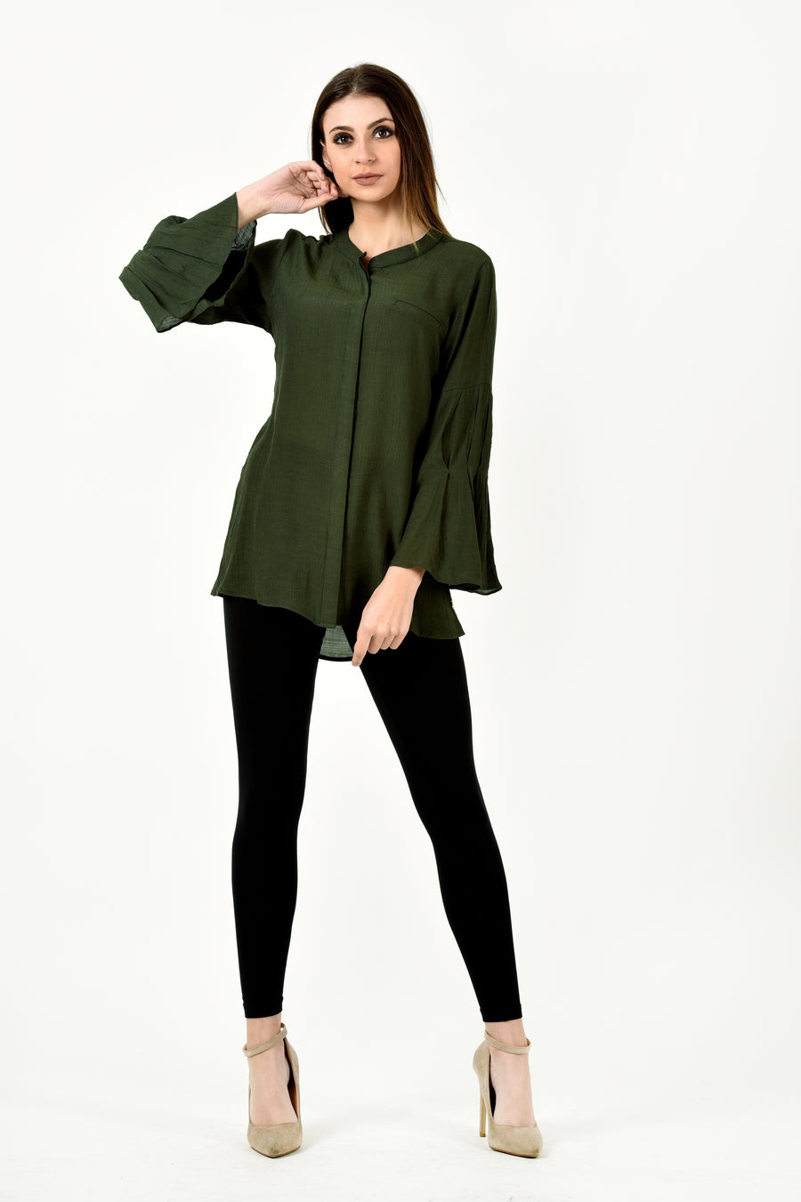 Olive Pleated Sleeve Shirt