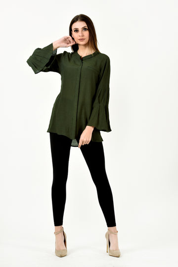 Olive Pleated Sleeve Shirt