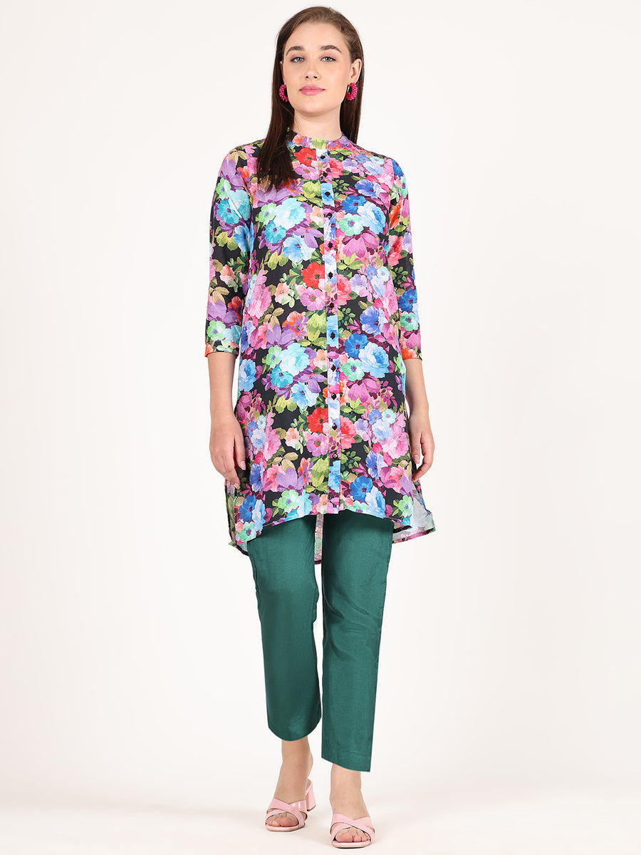 BLACK FLORAL STR LINE TUNIC