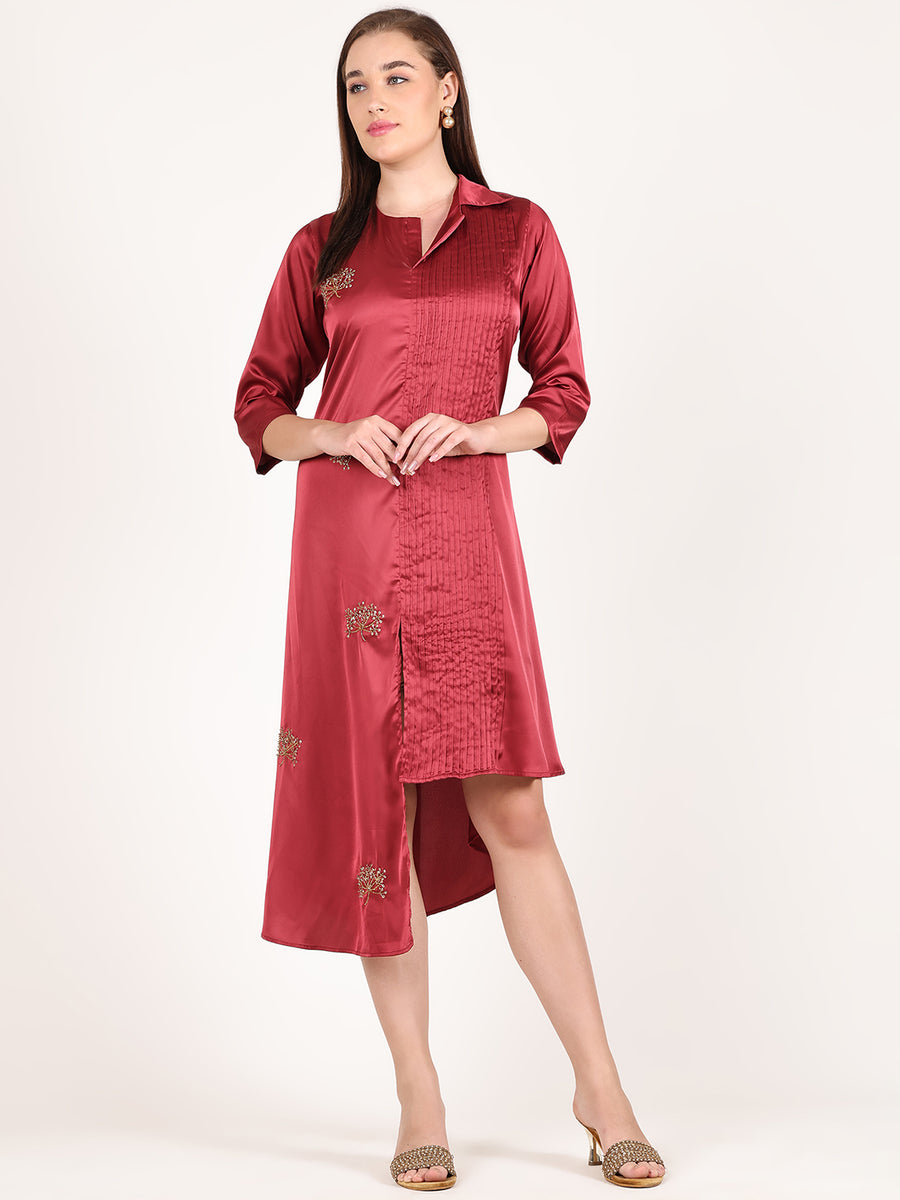 RED HALF PLEATED BEADED SCARLET DRESS