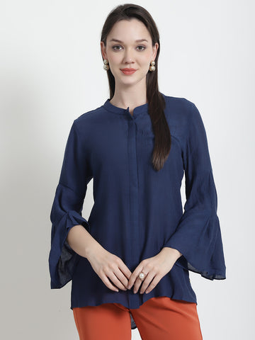 Navy Pleated Sleeve Shirt
