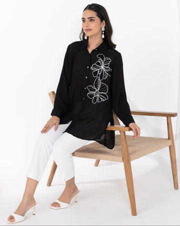 BLACK FLORET CRYSTALLINE SHIRT