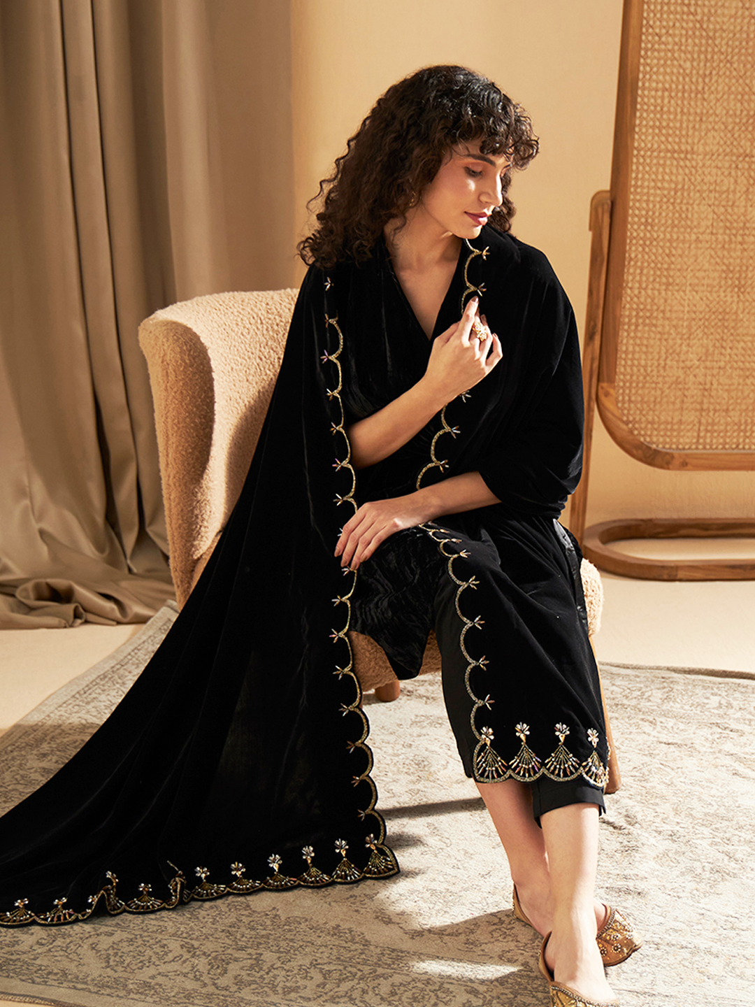 Buy Solid Black Party Wear Beaded Shawl for Women Chique