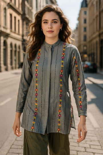 LINES GREY CONCEAL BUTTON SHIRT