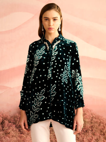 VELVET EMERALD GREEN BANDHEJ KILA SHIRT