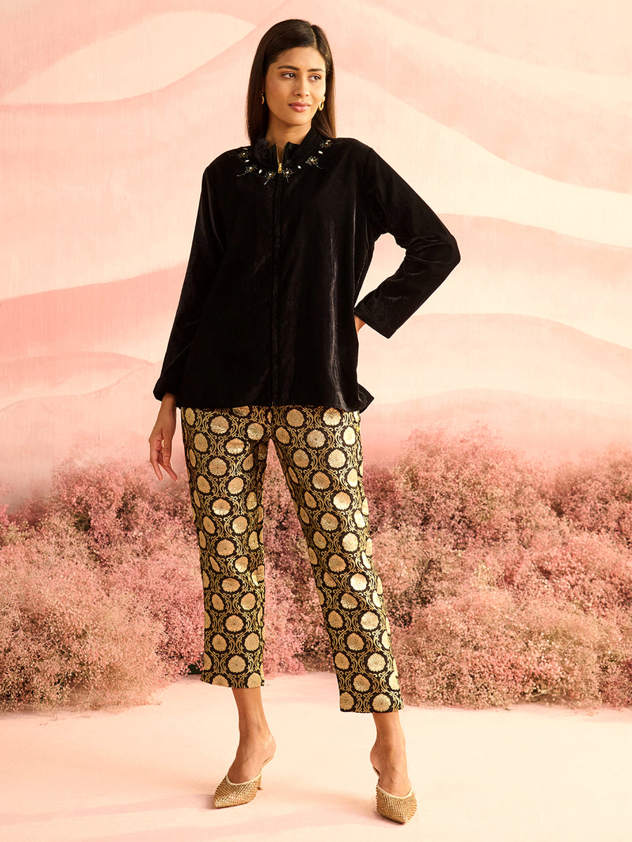 BLACK TRIM VELVET SHIRT