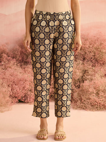 NAVY BROCADE PANTS