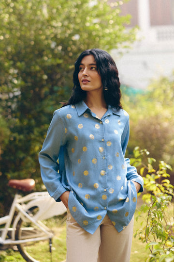 DENIM BLUE POLKA FOIL PROM SHIRT