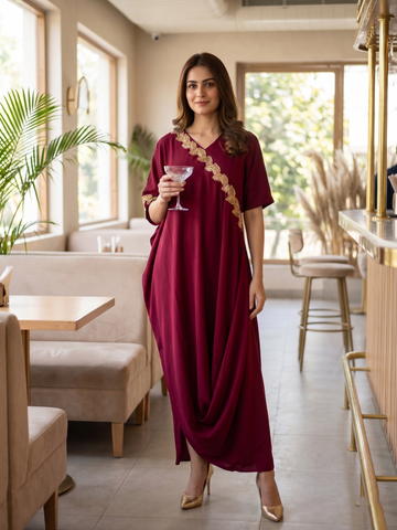 WINE GOLD LEAF COWL DRESS