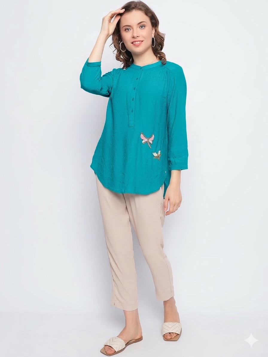 Turqouise Beaded Butterfly Shirt