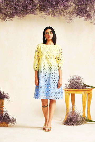 SCHIFFLI YELLOW BLUE MATINEE DRESS