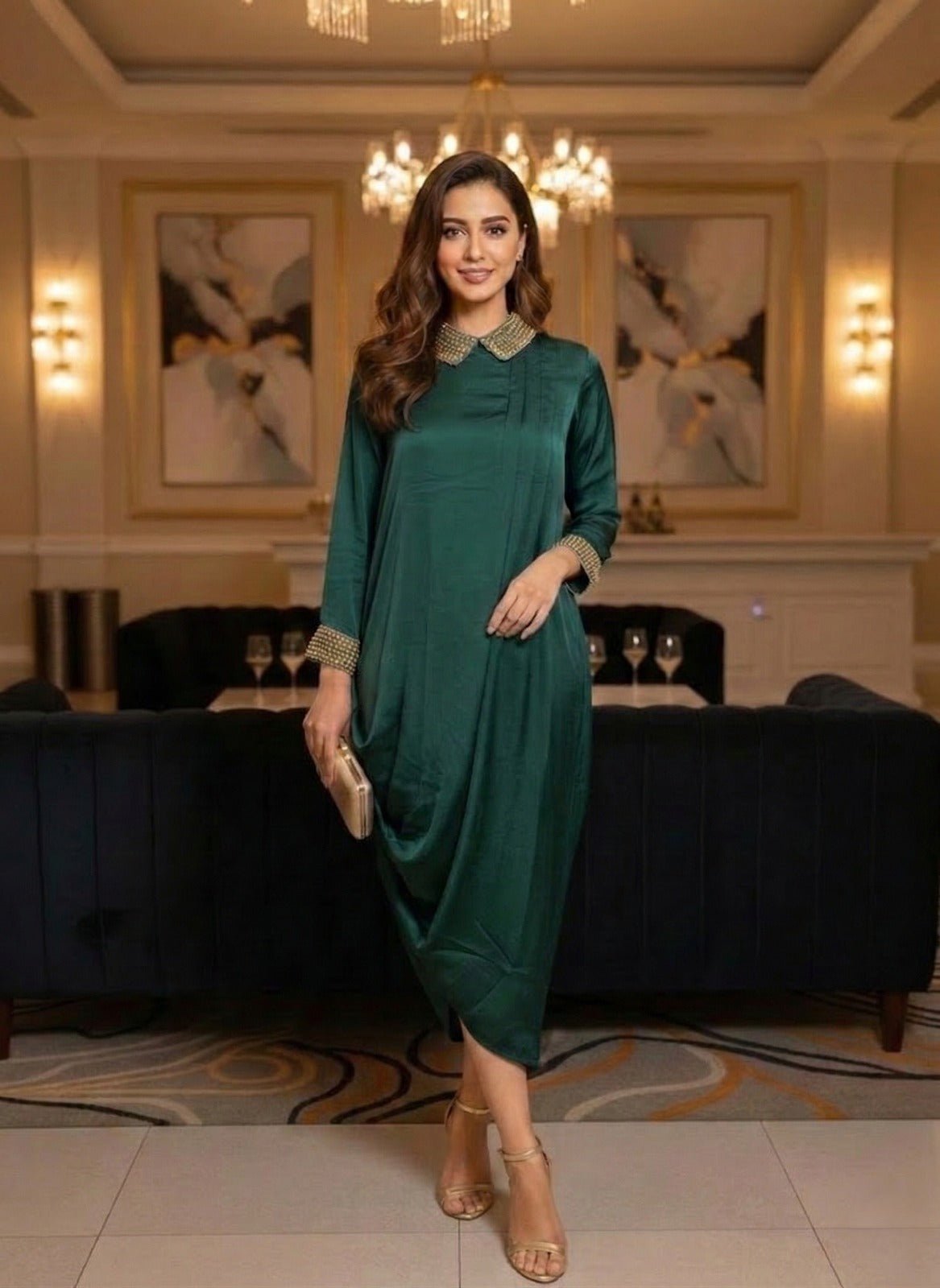 Buy EMERALD GREEN BEADED COLLAR DRESS Online