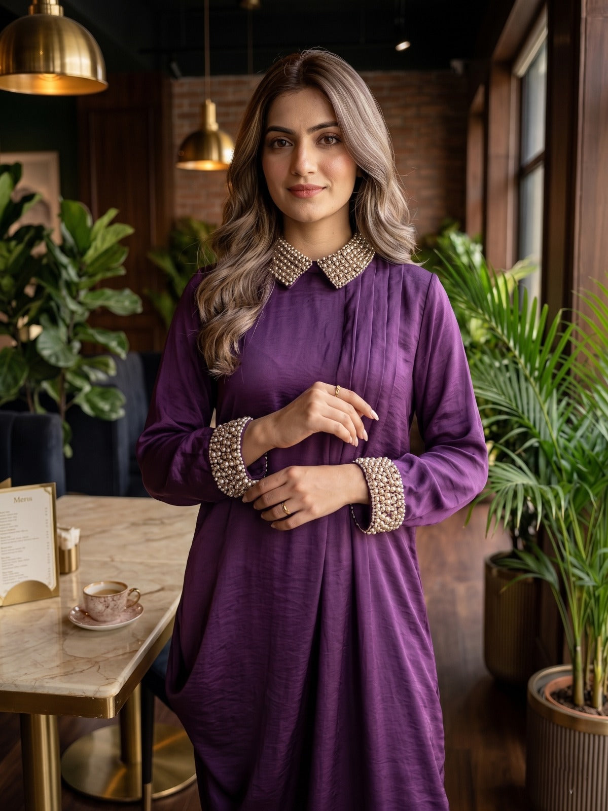 Buy PURPLE BEADED COLLAR DRESS Online - Chique