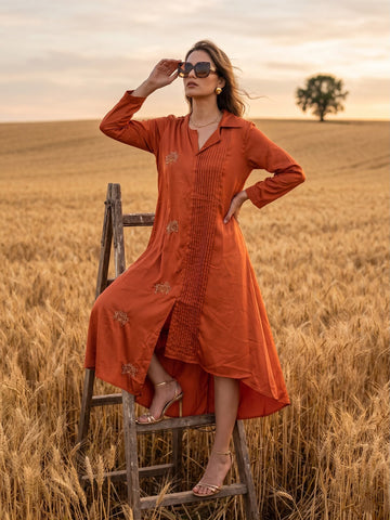 RUST HALF PLEATED BEADED DRESS