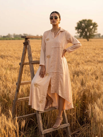 DUSTY BEIGE HALF PLEATED BEADED DRESS