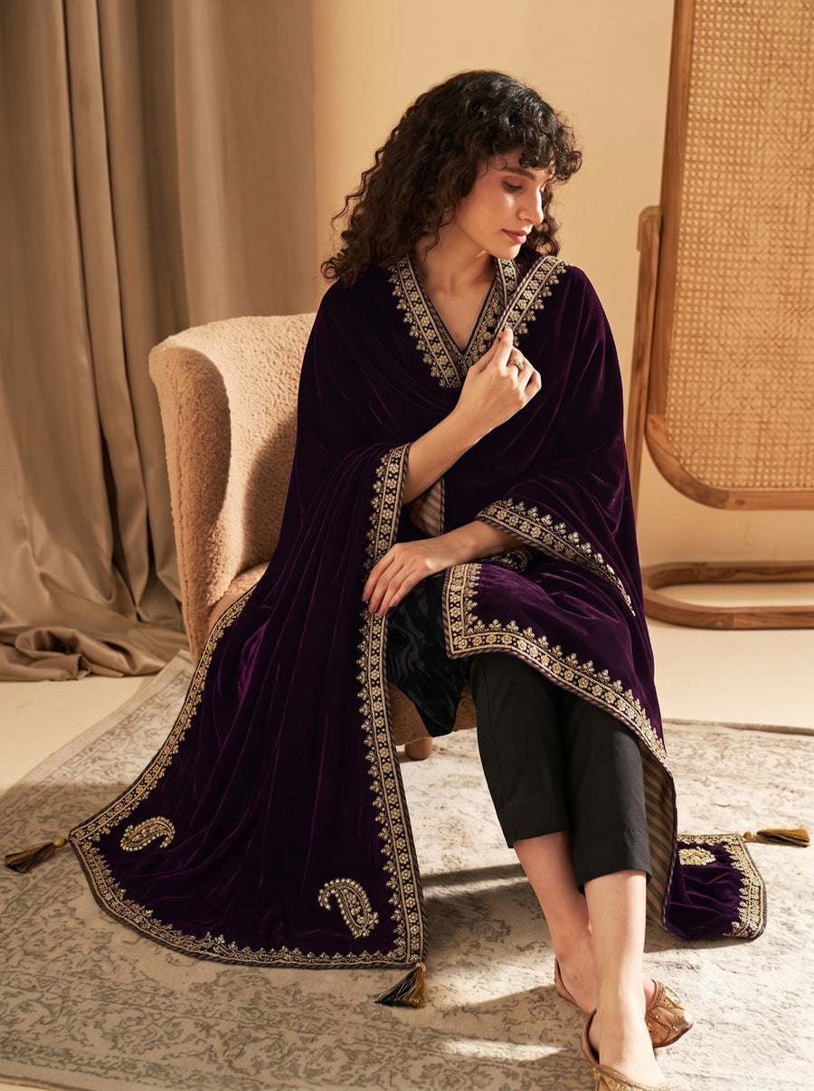 WINE VELVET BEADED SHAWL