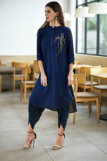 NAVY PEACOCK GATHERED TUNIC