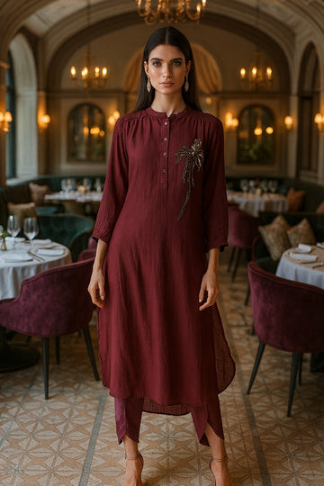WINE PEACOCK GATHERED TUNIC