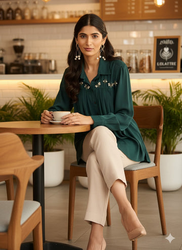 EMERALD GREEN BUGS YOKE PLEATED SHIRT