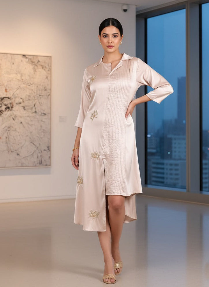 BEIGE HALF PLEATED BEADED DRESS