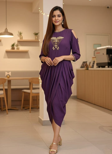 Purple Beaded Yoke Dhoti Dress