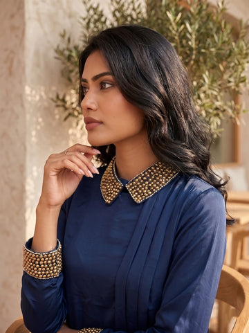 NAVY BEADED COLLAR DRESS