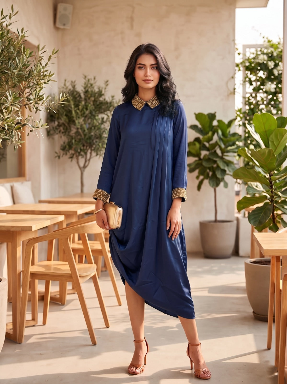 Buy NAVY BEADED COLLAR DRESS Online