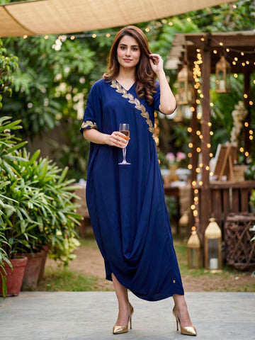 NAVY GOLD LEAF COWL DRESS