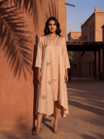 DUSTY BEIGE HALF PLEATED BEADED DRESS