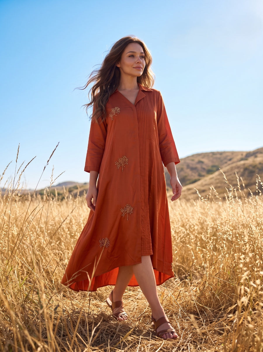 RUST HALF PLEATED BEADED DRESS