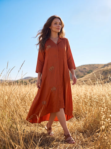 RUST HALF PLEATED BEADED DRESS