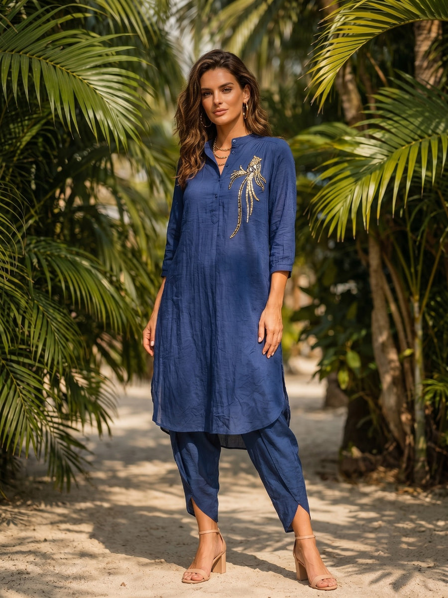 NAVY PEACOCK GATHERED TUNIC