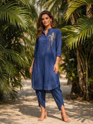NAVY PEACOCK GATHERED TUNIC