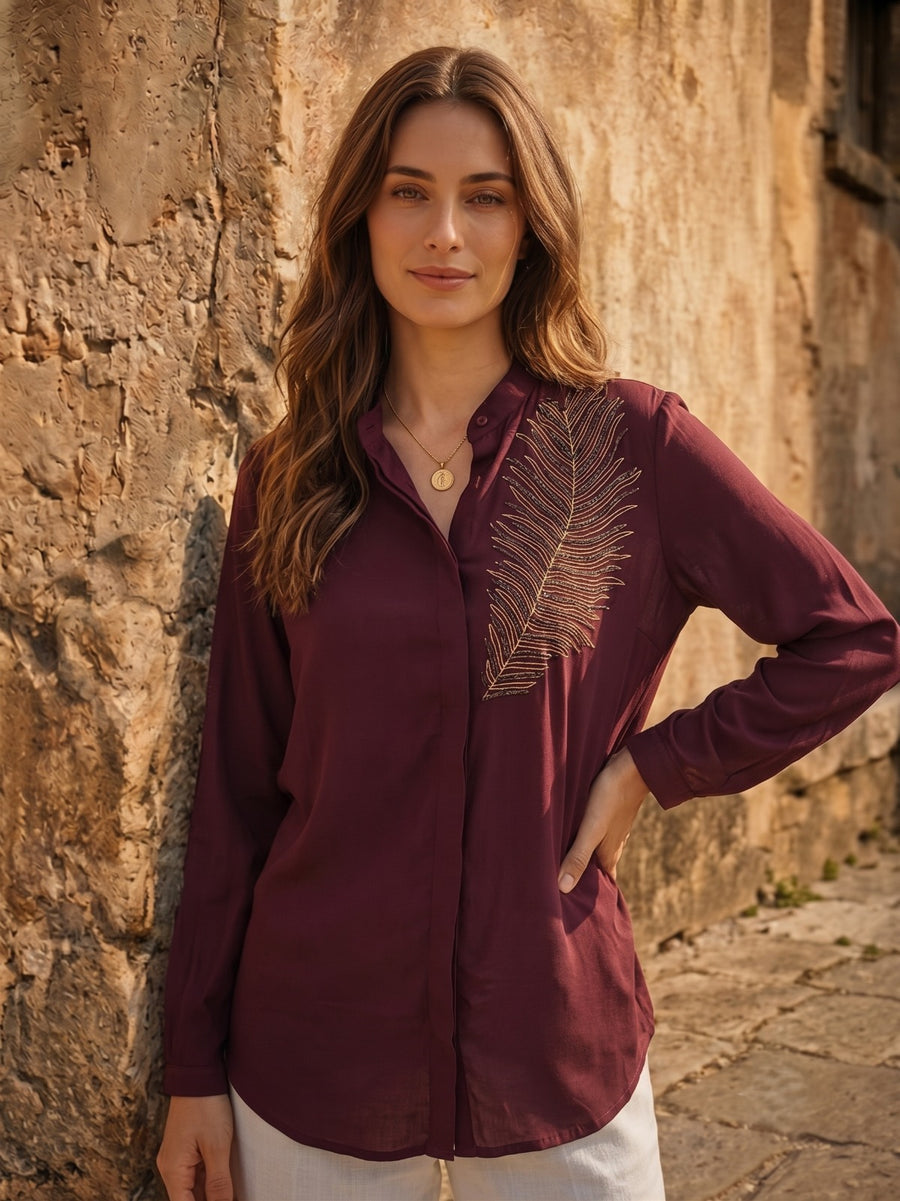 WINE FEATHER CONCEAL PLACKET SHIRT