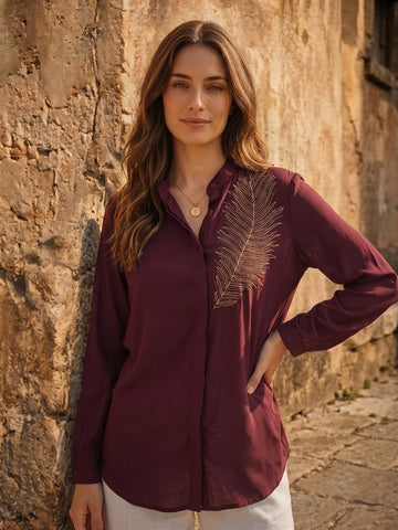 WINE FEATHER CONCEAL PLACKET SHIRT