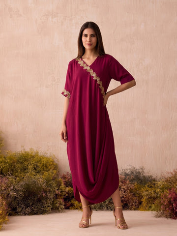 WINE GOLD LEAF COWL DRESS