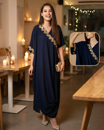 NAVY GOLD LEAF COWL DRESS