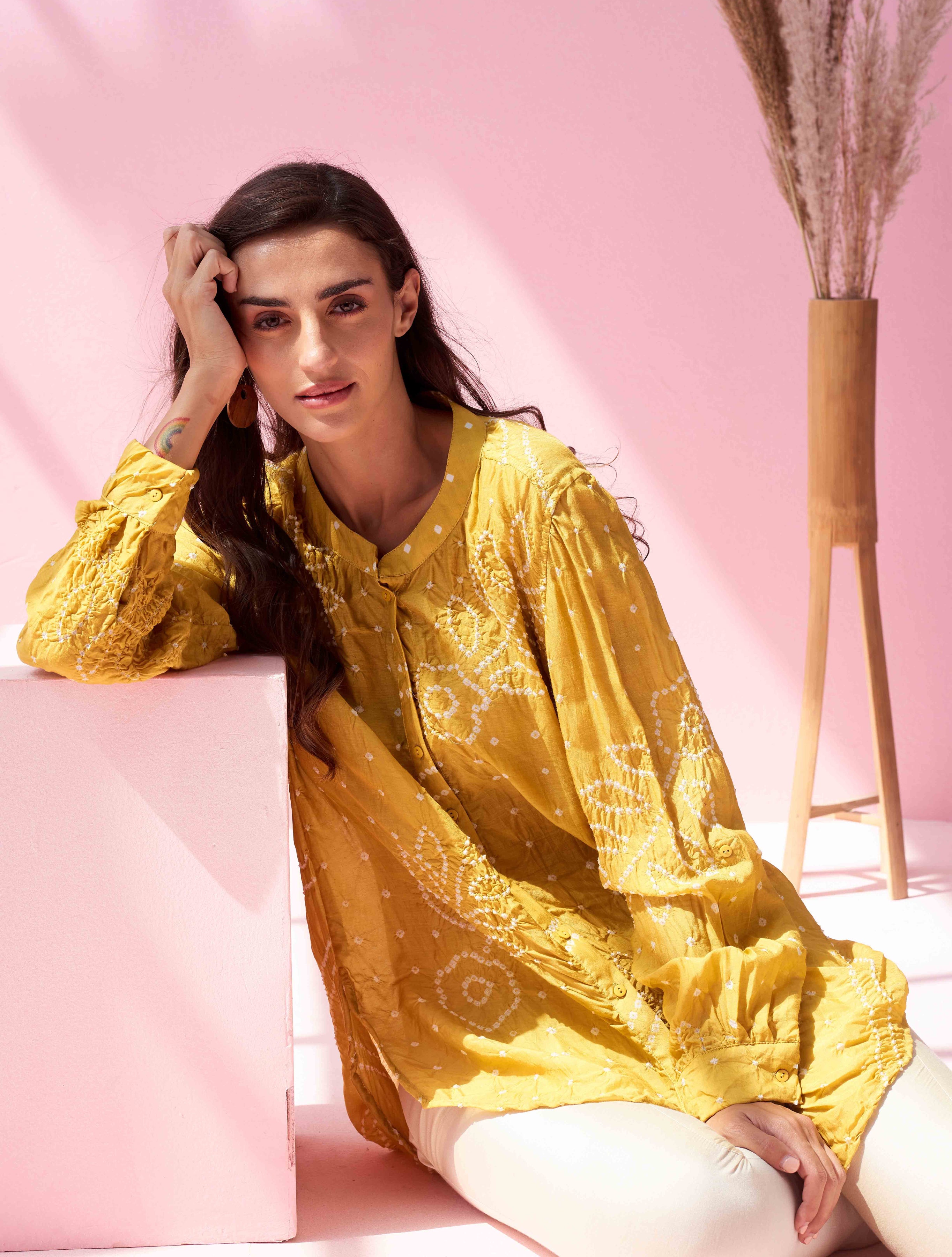 Buy Mustard Bandhej Button Down Shirt Online Chique
