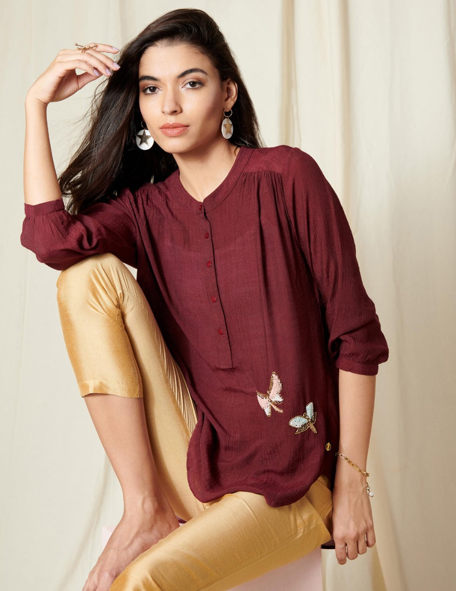 Wine Beaded Butterfly Shirt
