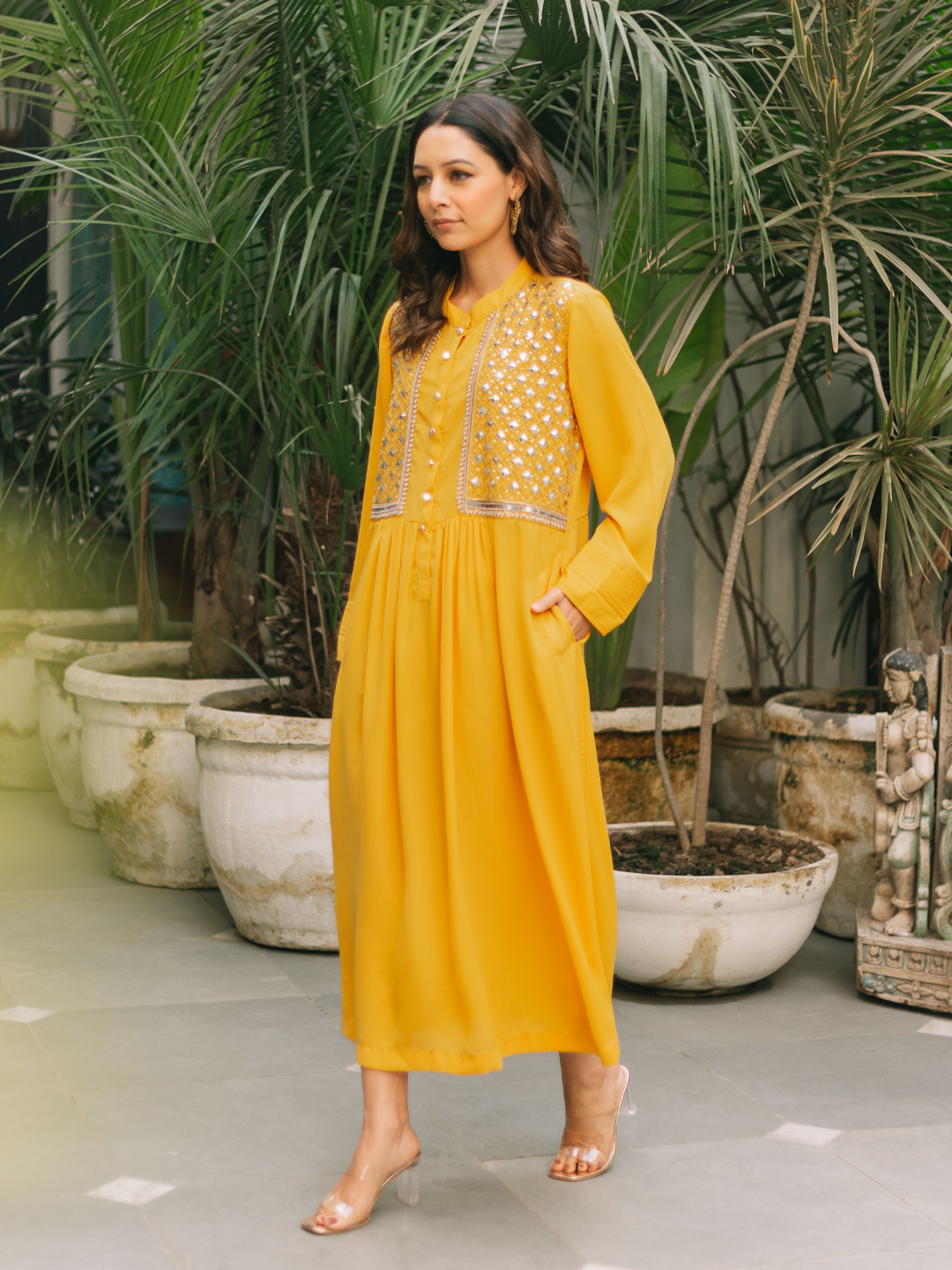 Mustard Yellow Hakoba Embroidery Summer Cotton Dress for Women | WhySoBlue