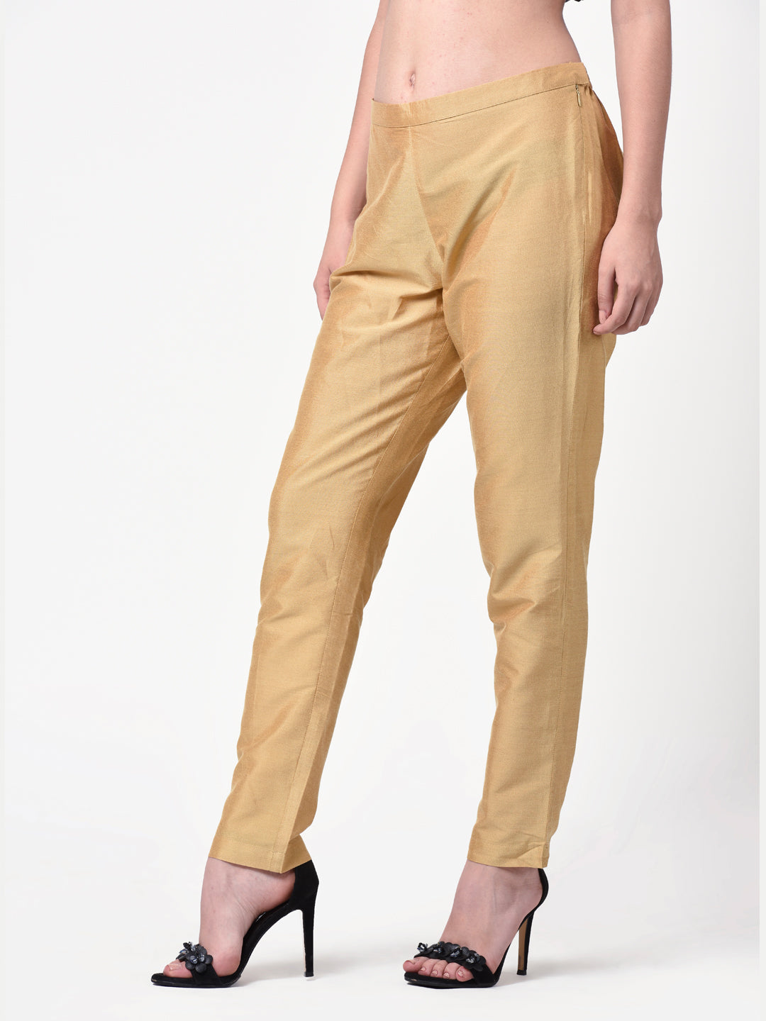 Indya Golden Poly Silk Fitted Pants Extra Small Size - Vvalyou